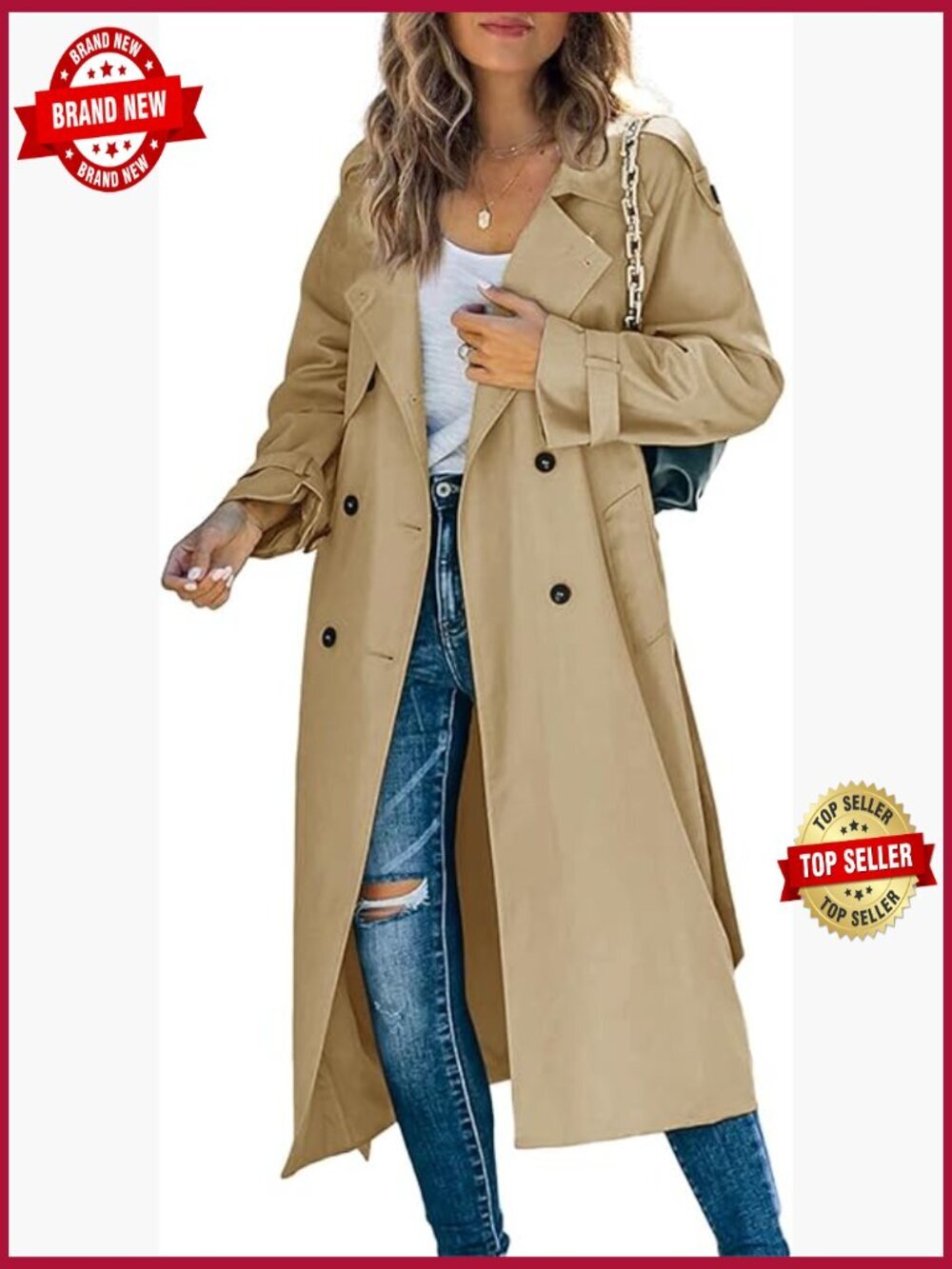 Double Breasted Long Trench Coat Windproof Slim Overcoat with Belt